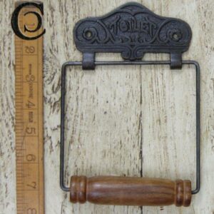 ANTIQUE IRON TOILET ROLL HOLDER IN WIRE AND WOOD