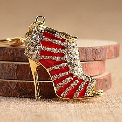 RED AND GOLD CRYSTAL FINISH HIGH HEEL FASHION SHOE KEYRING