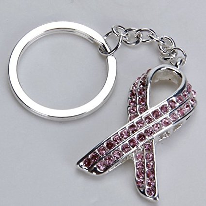 PINK DIAMOND FINISH BREAST CANCER RIBBON KEYRING