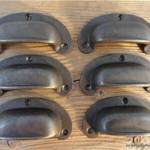 SET OF 6 ANTIQUE STYLE CABINET DRAWER HANDLE CAST IRON PULL CUP
