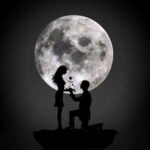 Silhouette of a man proposing to a woman with a giant full moon in the background