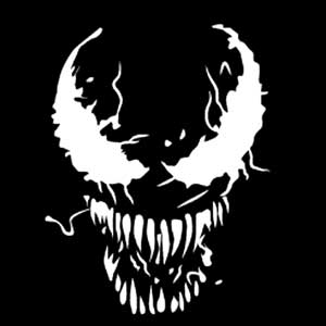 A high-contrast black and white illustration of a menacing, fanged creature with wild eyes and a dripping, jagged smile, centered on a black background.