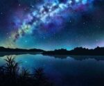 A calm lake reflects a vibrant Milky Way and starlit night sky, framed by silhouetted plants and distant hills.