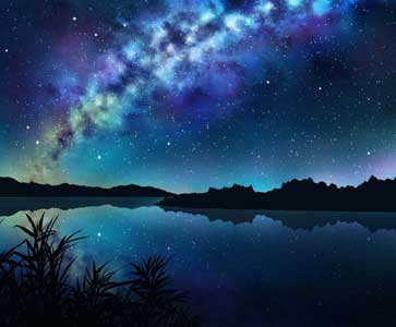 A calm lake reflects a vibrant Milky Way and starlit night sky, framed by silhouetted plants and distant hills.