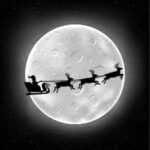 Santa’s sleigh silhouette crossing a glowing full moon in a starry sky