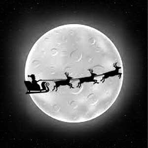 Santa’s sleigh silhouette crossing a glowing full moon in a starry sky