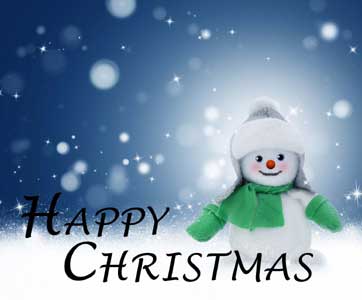 Cute snowman in green jacket and hat with "Happy Christmas" message in falling snow