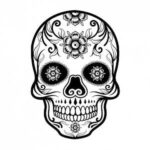 An intricately detailed sugar skull with floral patterns and symmetrical designs, centered on a clean white background.