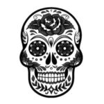 Black and white sugar skull illustration adorned with floral and geometric patterns, inspired by Dia de los Muertos traditions.