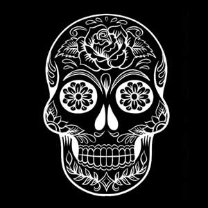 A black and white sugar skull illustration featuring floral eyes, a heart-shaped nose, and intricate botanical designs, centered on a solid black background.