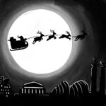 Santa's sleigh and reindeer flying across a full moon above a silhouetted city skyline
