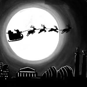 Santa's sleigh and reindeer flying across a full moon above a silhouetted city skyline