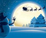 Santa and his sleigh flying across the moonlit sky while a snowman watches from a snowy hill