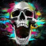 A screaming skull surrounded by explosive, vivid neon color splashes, set against a dramatic dark background.