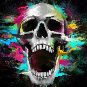A screaming skull surrounded by explosive, vivid neon color splashes, set against a dramatic dark background.