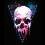 A digital art skull with neon-pink drips and space-inspired highlights, centered within an upside-down glowing triangle on a black background.