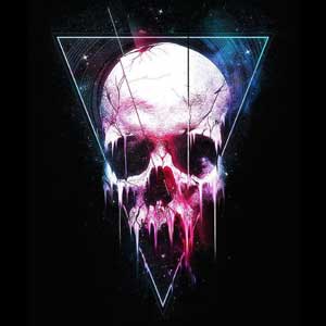 A digital art skull with neon-pink drips and space-inspired highlights, centered within an upside-down glowing triangle on a black background.