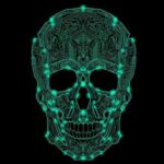 A neon-green skull formed from intricate circuit board patterns, glowing against a deep black background.