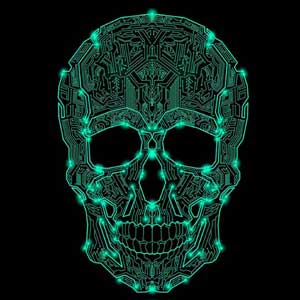 A neon-green skull formed from intricate circuit board patterns, glowing against a deep black background.