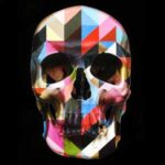 Abstract LED skull art with colorful geometric patterns and a striking visual design.