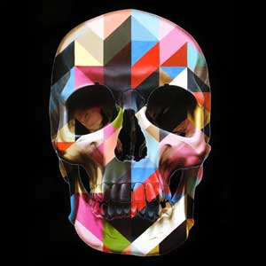 Abstract LED skull art with colorful geometric patterns and a striking visual design.