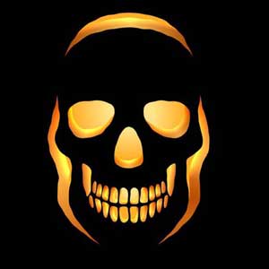 A glowing ember skull in rich shades of orange and gold, radiating warmth and danger from a pitch-black background.
