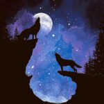 Silhouettes of howling wolves on rocky cliffs with a glowing moon and starry purple-blue galaxy sky in the background.
