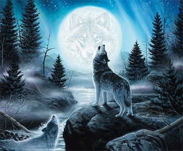 Howling wolf in a snowy forest under a glowing full moon with a mystical wolf spirit face in the sky.