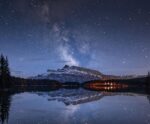 A panoramic nightscape featuring the Milky Way stretching across a still lake, with stars shimmering above a pine forest and snow-covered mountain.