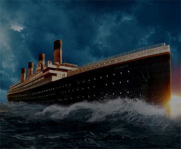 A grand ocean liner sails through stormy waters under a dark, cloudy sky with lights glowing from within.