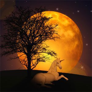 Unicorn lying peacefully beneath a tree with a glowing orange moon and scattered stars in the night sky
