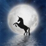 Silhouette of a rearing unicorn in front of a glowing full moon, reflected on a shimmering lake under a starry night sky