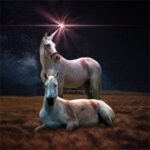 Two white unicorns, one standing and one lying down, illuminated under a starry night sky with a glowing pink starburst above