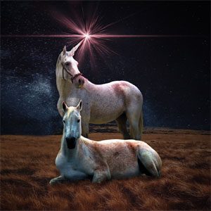 Two white unicorns, one standing and one lying down, illuminated under a starry night sky with a glowing pink starburst above