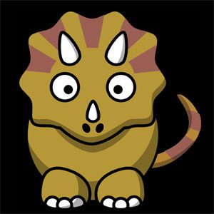 Cute cartoon triceratops dinosaur with big eyes, sitting on a black background