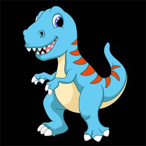 Cheerful cartoon T-Rex in blue with red back spikes, standing on two legs against a black background