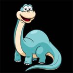 Smiling cartoon brontosaurus in blue tones on a black background, with friendly expression