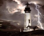 A lighthouse standing resilient as lightning streaks through a stormy sky