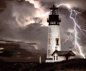 A lighthouse standing resilient as lightning streaks through a stormy sky