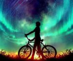 A silhouette of a person with a bicycle gazes up at the vivid aurora borealis swirling across a star-filled night sky.