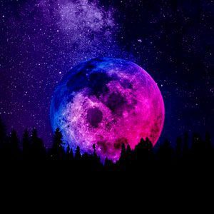 Vivid purple and pink full moon rising above dark treetops with a sparkling galactic sky