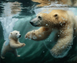 Mother and baby polar bears swimming underwater surrounded by bubbles