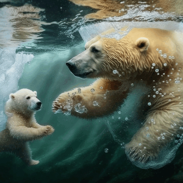 Mother and baby polar bears swimming underwater surrounded by bubbles