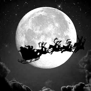 Santa flying across the full moon with his sleigh and reindeer on Christmas Eve