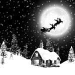 Santa flying over a snowy cottage and pine trees on a moonlit Christmas night