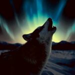 Silhouette of a howling wolf in snowy mountains under aurora borealis lights at night.