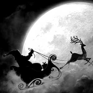 Santa in his sleigh with reindeer silhouetted against a glowing full moon