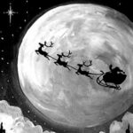 Santa and his sleigh fly across a glowing full moon on a starlit Christmas night