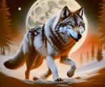 Grey wolf walking confidently through snowy forest with a full moon glowing behind and warm twilight tones.