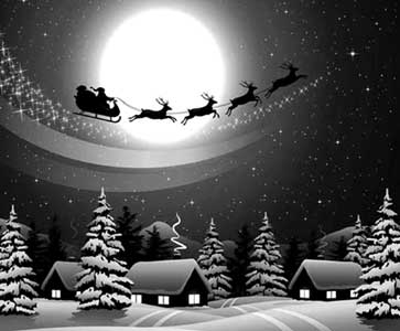 Santa and his sleigh fly over a snowy village with glowing rooftops and a full moon in the background